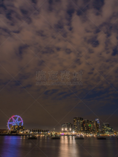 墨尔本码头区,摩天轮,墨尔本,垂直画幅,办公室,水,新的,车轮,夜晚,无人