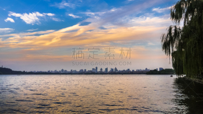 西湖,杭州,黄昏,城市天际线,水,在上面,北,柳树,云景,曙暮光