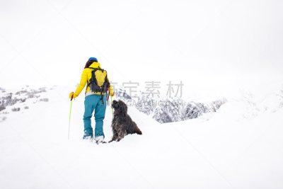 狗,穿雪鞋走路运动,徒步旅行,看,活力,可爱的,挪威,运动,雪,女人