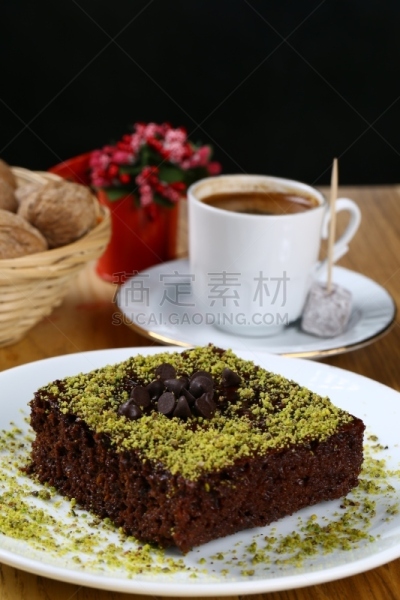 咖啡,布朗尼,巧克力沙司,糖衣蛋糕,巧克力脆片,暗色,背景分离,蛋糕,蛋塔,甜点心