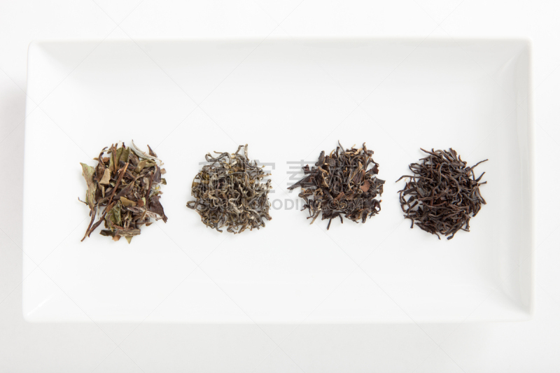 茶叶,白茶,乌龙茶,红茶,茶树,四个物体,水平画幅,无人,白色背景,饮料