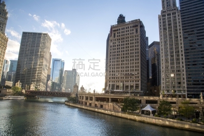芝加哥河,美国,芝加哥市,城市天际线,伊利诺斯州,水,水平画幅,无人,户外,滨水