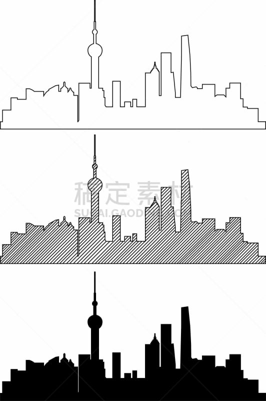 绘画插图,轮廓,矢量,上海,简单,白色背景,商务,居住区,线条,现代