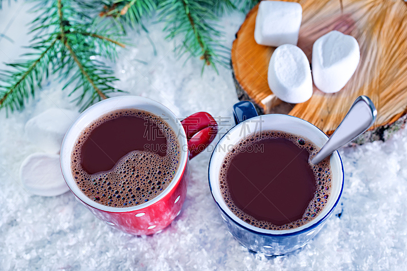 饮料,热可可,餐具,褐色,水平画幅,雪,无人,早晨,圣诞树