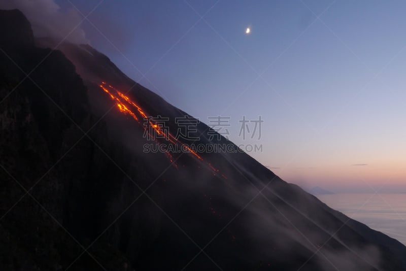 熔岩,斯托伦波里岛,斯特隆博利岛火山,渣块熔岩,天空,水平画幅,夜晚,无人,月亮,户外