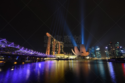新加坡,城市天际线,滨海湾 ,美,水平画幅,夜晚,建筑外部,户外,城市,路灯