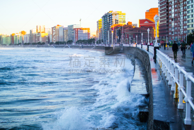 阿斯图里亚斯,海滩,希洪,散步道,建筑外部,西班牙,桑河（波兰）,波形,背景,碾碎了的