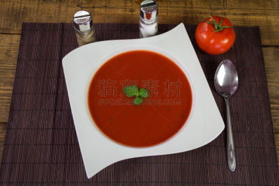 西红柿,盘子,汤,欧芹,白色,铜箱馆,盐瓶,菜泥,水平画幅,素食