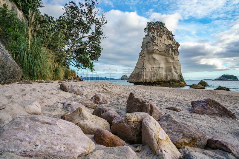 沙子,cathedral cove,岩石,沙岩,新西兰,石头,尖峰,三只动物,在之后,水