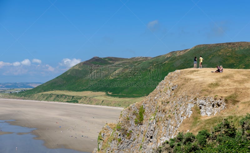 威尔士,海滩,罗希力湾,高尔半岛,海岬,海湾,小路,看风景,从上面看过去,家庭