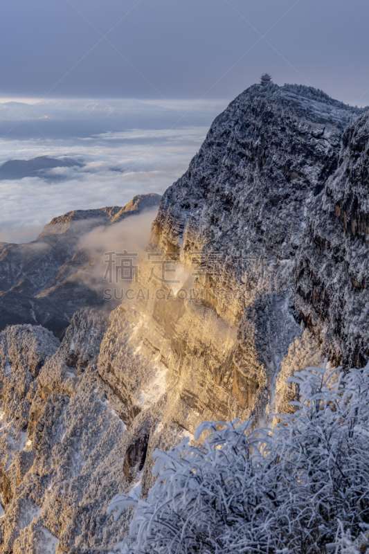 山,佛教,垂直画幅,云,冬天,图像,雪,无人,中国,四川省