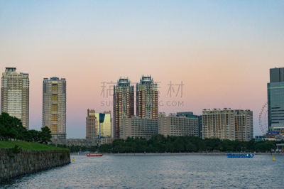 都市风景,台场,黄昏,岛,水,天空,留白,水平画幅,无人,邮轮