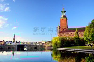 瑞典,斯德哥尔摩,市政厅,水,天空,水平画幅,无人,海港,里达霍尔门,古城