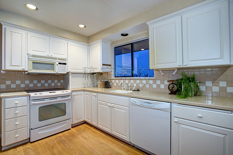 厨房,白色,大型家电,硬木地板,新的,水平画幅,无人,天花板,家具,干净