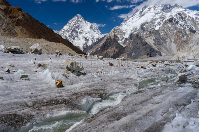 运河,山,巴基斯坦,乔戈里峰,前面,小的,自然,悬崖,水平画幅,雪