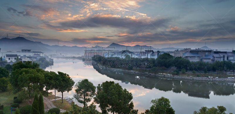 浙江省,中国东部,乡村,温州,河岸区,卷积云,水,天空,水平画幅,山