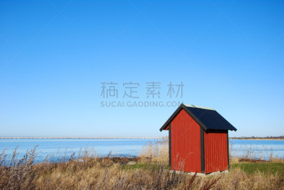 小木屋,海洋,红色,oland桥,奥兰,面向陆地,瑞典,水,天空,水平画幅