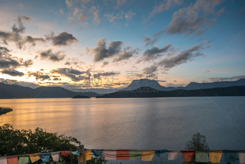 风景,泸沽湖,水,天空,水平画幅,云,夜晚,无人,户外,湖