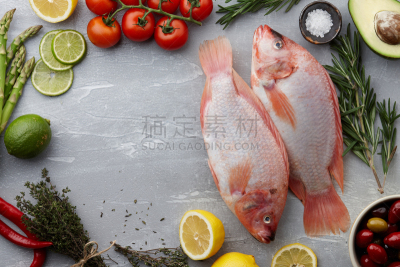 罗非鱼,生食,鱼类,红色,留白,高视角,海产,东亚,石材,西红柿