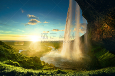 瀑布,冰岛国,夏天,seljalandsfoss waterfall,水,天空,水平画幅,无人,户外,石材