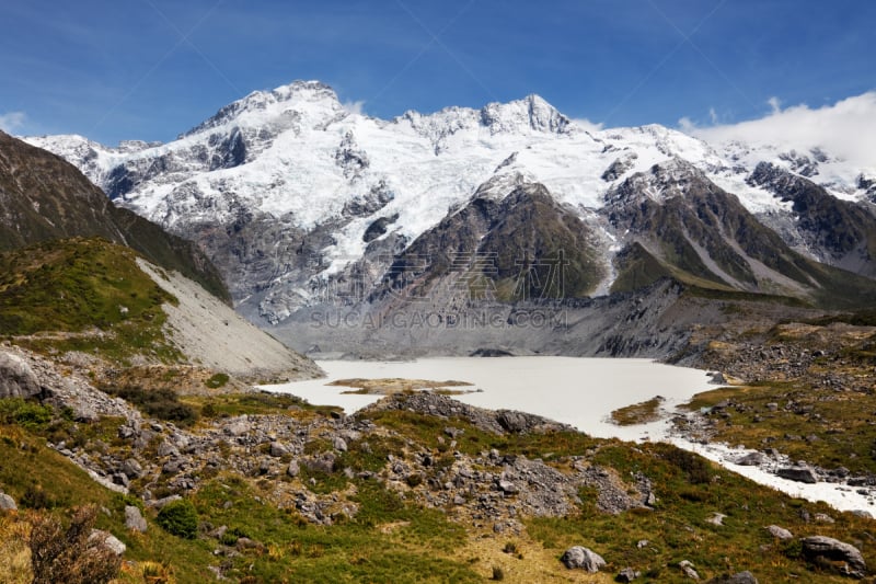 塞夫顿山,湖,新西兰,库克山国家公园,库克山,南阿尔卑斯山脉,国家公园,水平画幅,无人,夏天