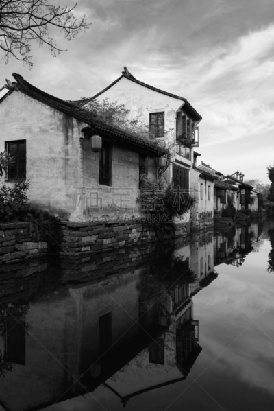 周庄,山东省,运河,苏州,东,迷人,乡村,垂直画幅,水,天空
