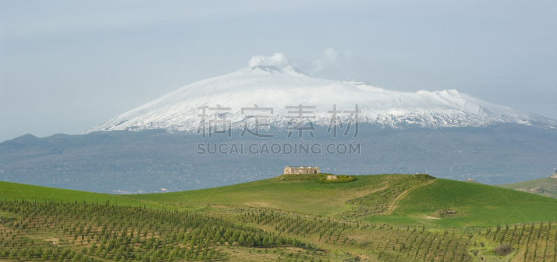 埃特纳火山,山,农舍,热霾,天空,草原,水平画幅,雪,无人,古老的