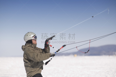 冲浪风筝,乐器弦,雪地滑翔,张伯伦湖,佛蒙特,滑雪镜,水平画幅,雪,户外,湖