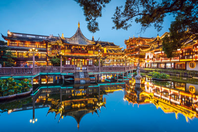 豫园,上海,水,水平画幅,夜晚,无人,曙暮光,户外,都市风景,著名景点