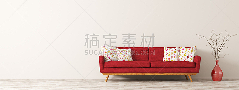 沙发,三维图形,红色,室内,起居室,极简构图,座位,水平画幅,纺织品,墙