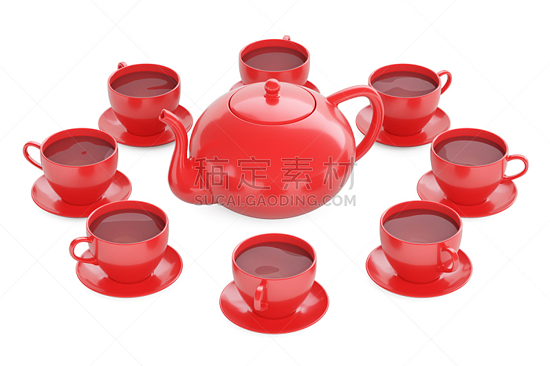 茶壶,三维图形,杯,白色背景,红色,分离着色,茶碟,烧水壶,餐具,水平画幅