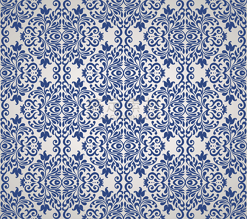 四方连续纹样,蓝色,仅一朵花,纺织品,绘画插图,古典式,活力,现代,植物