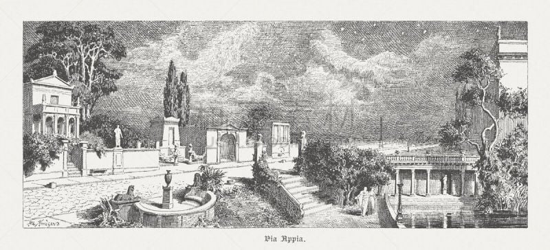 The Appian Way (Via Appia) was one of the earliest and strategically most important roads in the ancient Rome. Wood engraving by Albert Krüger (German painter and engraver, 1858 - after 1910), published in 1885.