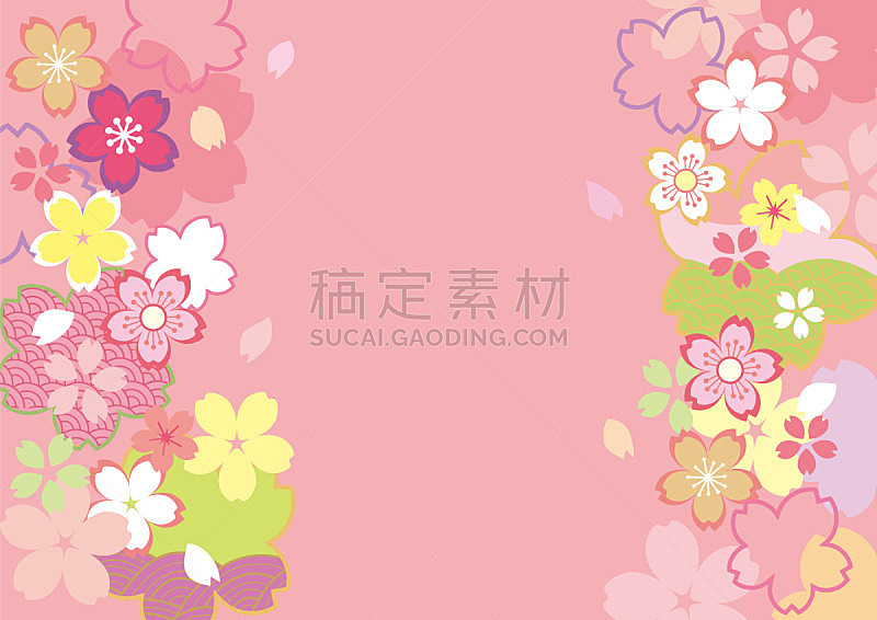 日本,自然美,和服,天空,美,水平画幅,樱花,樱桃,无人,绘画插图