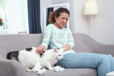 猫,毛皮,过敏反应,女孩,半身像,水平画幅,呼吸系统,宠物主人,疲劳的,窦炎