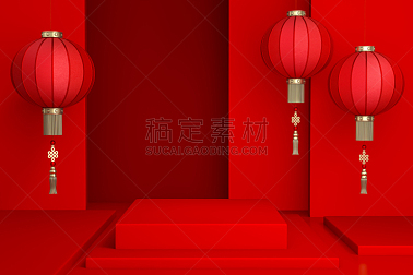 三维图形,红色背景,中国灯笼,指挥台,传统,灯笼,背景分离,春节,照明设备,新年前夕