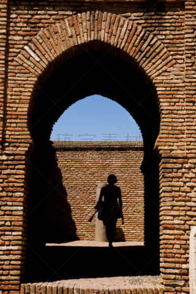 女人,大门,城堡,alcazaba,马拉加省,摩尔人风格,旅途,树荫,海岸线,阴影
