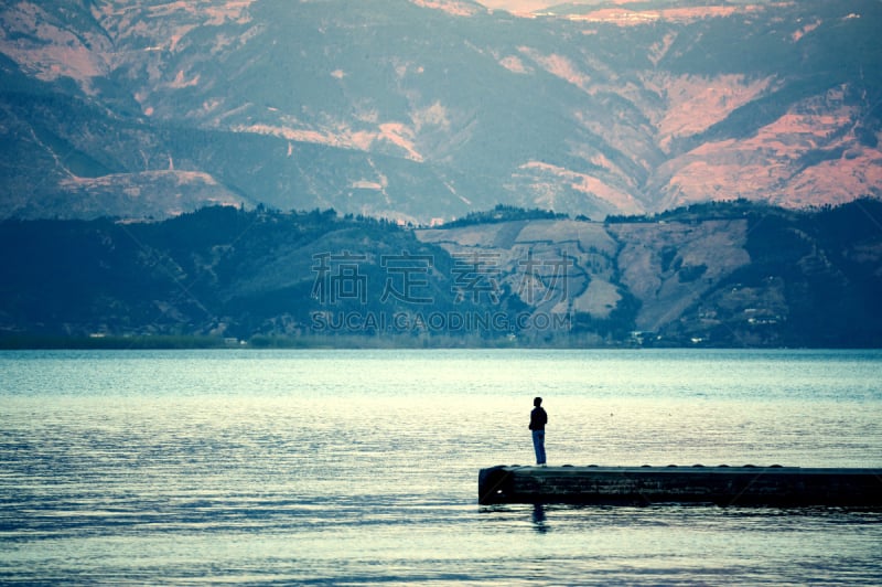 泸沽湖,云南省,中国,风景,天空,水平画幅,地形,无人,海港,蓝色