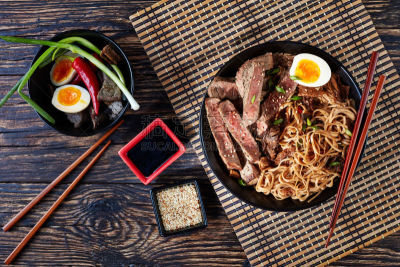 荞麦面,烤牛肉,碗,蔬菜,牛排,暗色,清新,香料,烤的,食品