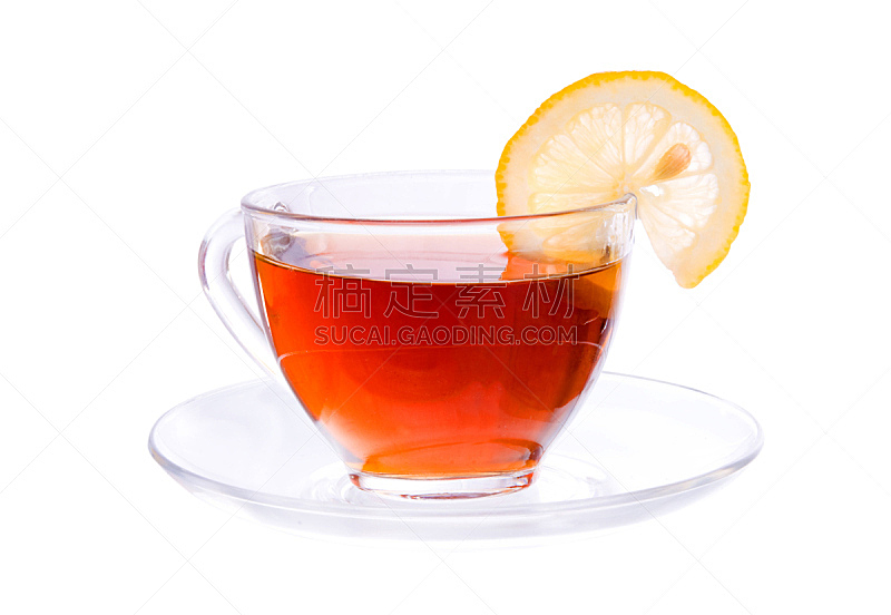 柠檬,横截面,杯,茶,透明,正面视角,水平画幅,无人,茶碟,热饮