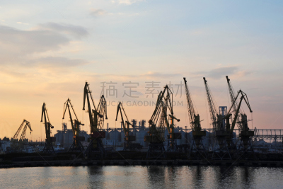 海港,货物集装箱,起重机,天空,水平画幅,运河,货运,曙暮光,户外,滨水