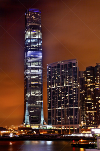国际商务中心,九龙,海港,建筑外部,尖沙咀,垂直画幅,水,天空,夜晚,无人