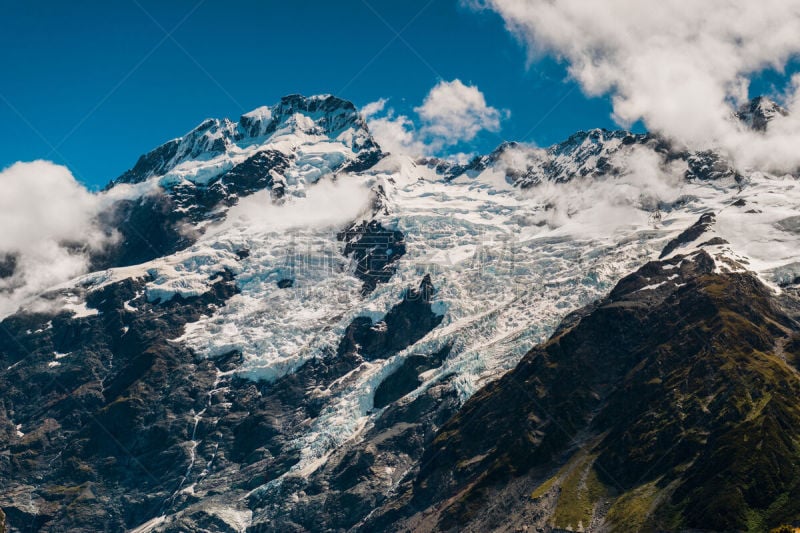 库克山,新西兰,新西兰南岛,冰河峰荒野地,特写,水,天空,水平画幅,雪,户外