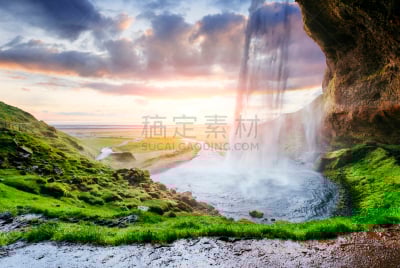 冰岛国,瀑布,莫斯特,seljalandsfoss waterfall,水,天空,美,水平画幅,无人,夏天