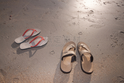凉拖鞋,海滩,湿,并排,热,两个物体,背景分离,拖鞋,热带气候,凉鞋