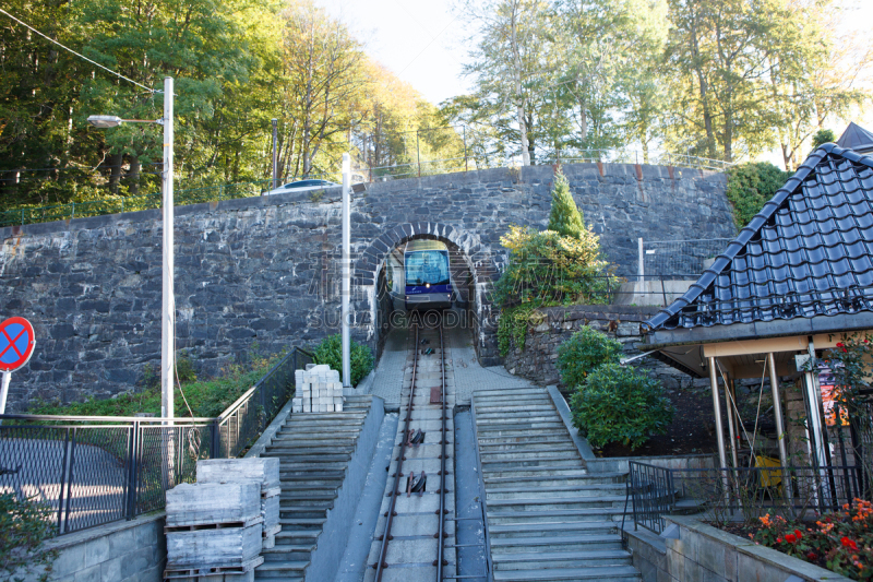 The cable car, Fløyen rising from the center of Bergen