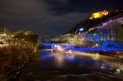 river mur,格拉茨,人工岛,人造的,水平画幅,建筑,秋天,夜晚,无人,蓝色