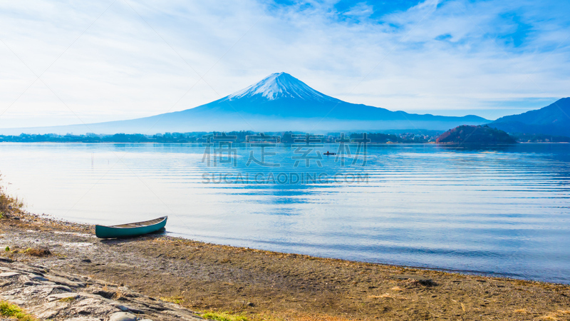 富士山,河口湖,停泊的,早晨,寂寞,背景,船,陆地,侧面视角,时间