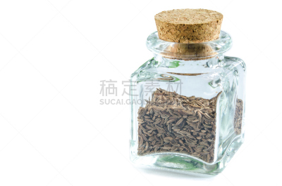 葛缕子籽,干的,瓶子,分离着色,白色背景,书写板,留白,芳香的,水平画幅,研磨食品