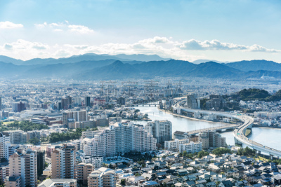 日本,城市天际线,航拍视角,城镇景观,云,黄昏,现代,河流,建筑,市区